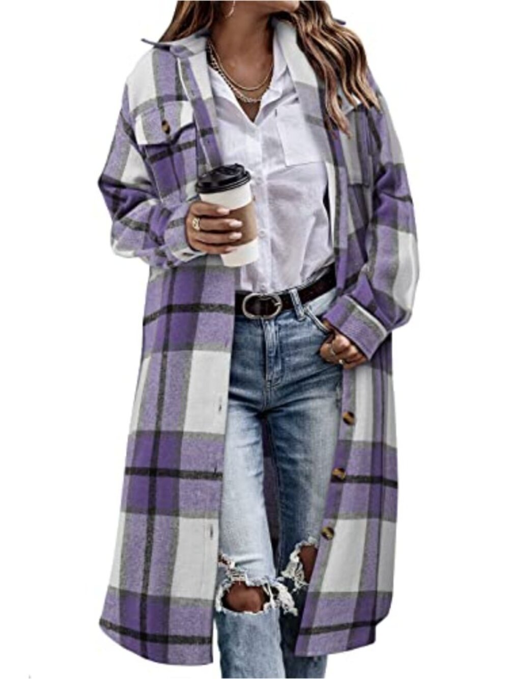 Womens Long Plaid Shacket Flannel Button Down Tartan Trench Coat Casual